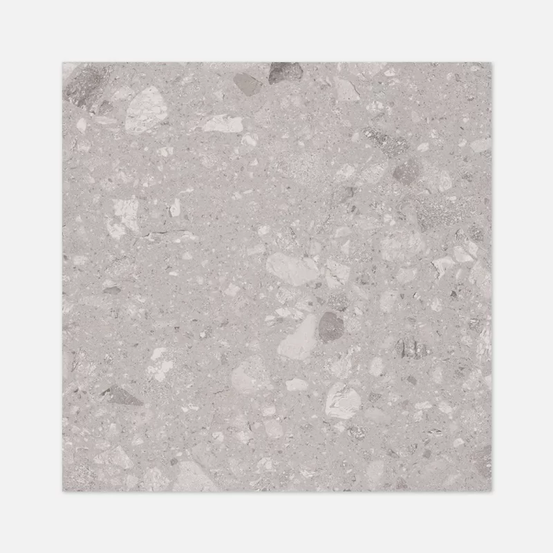 terrazzo grey polished gloss porcelain tiles in 60x60cm with a rectified edge.