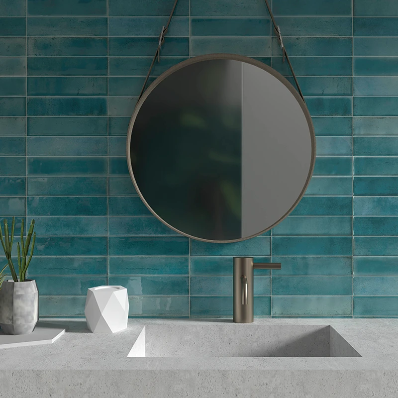 artisan azzurro (blue) wall tile on a kitchen wall splash back 250x600mm