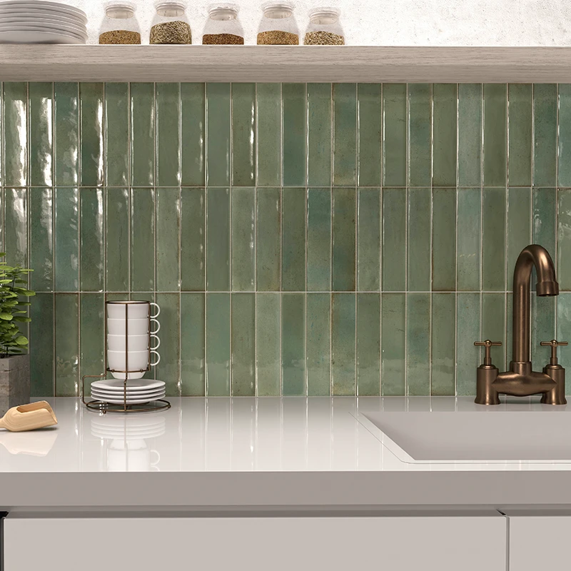 subway effect wall tile artisan verde tiled on a kitchen splashback