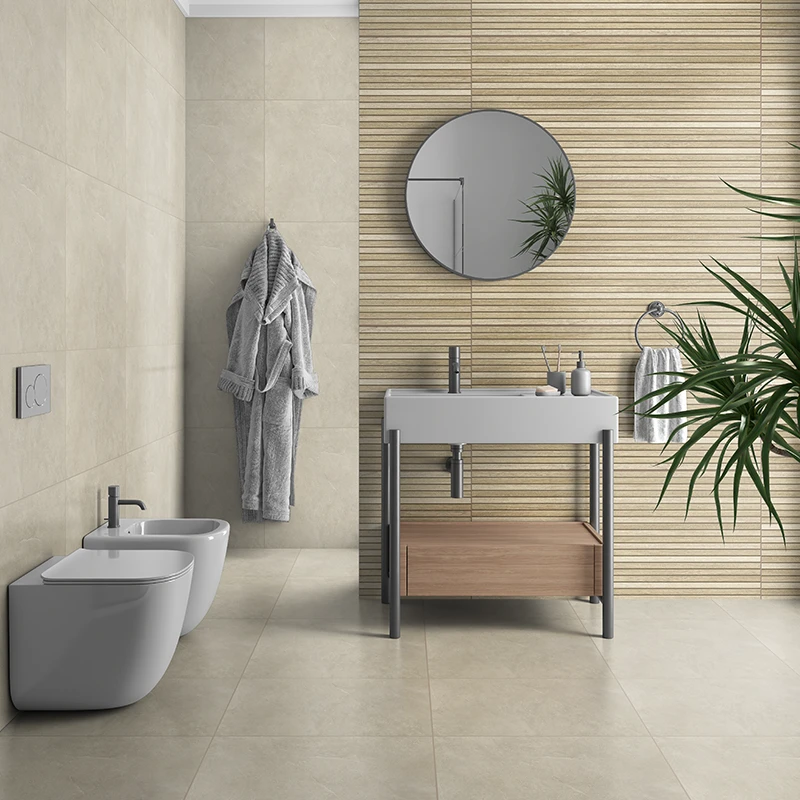 light oak wood slat effect tiles in a bathroom on a feature wall.