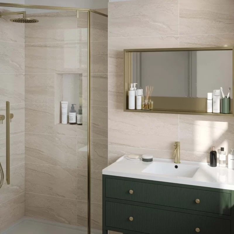 laurent beige matt 30x60cm ceramic wall tile in a bathroom the code for the tile is P12881