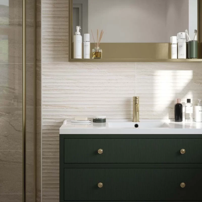 laurent beige decor matt feature tile in a bathroom with sink and mirror.