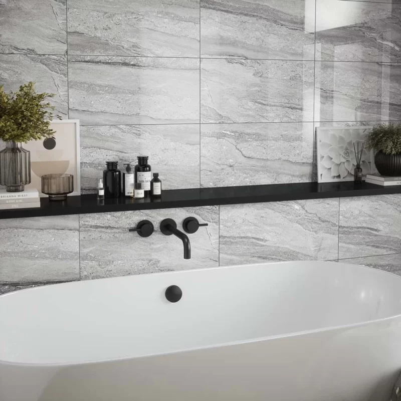 laurent grey gloss ceramic wall tile in a bathroom